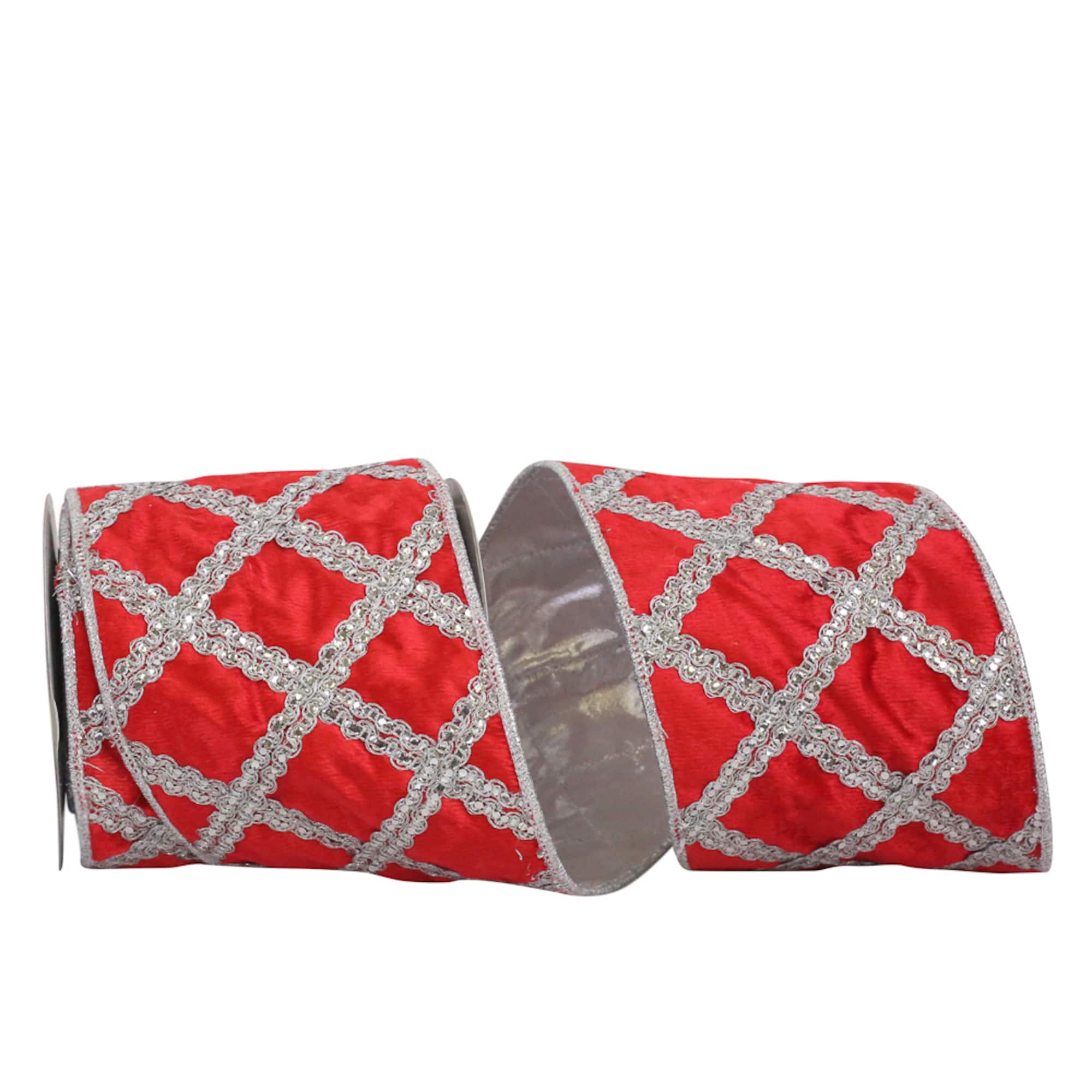 JAM Paper 4" x 5yd. Red & Silver Diamond Lattice Overlay Wired Plush Velvet Ribbon